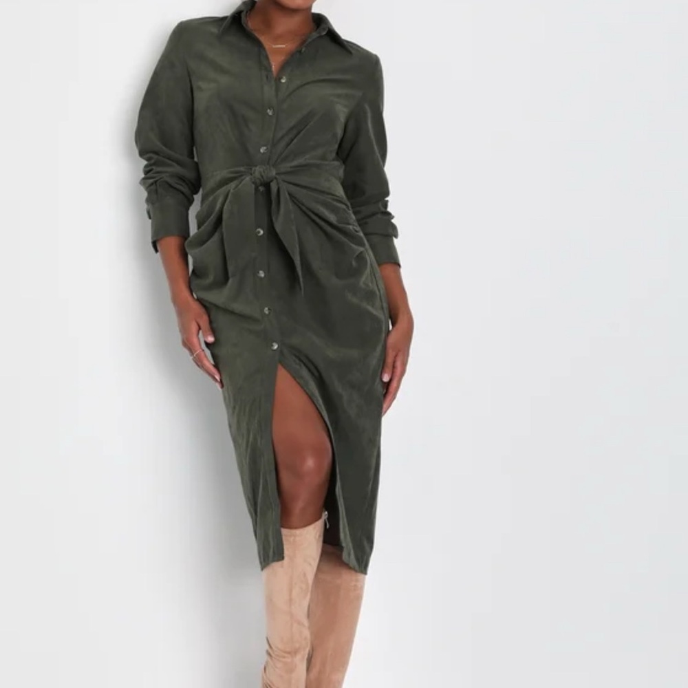 Autumnal Views Olive Green Suede Button-Up Tie-Front Midi Dress